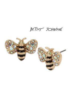 Betsey Johnson Boxed Bee Stud Earrings NWT Gold Pave Rhinestone Bumble Bee